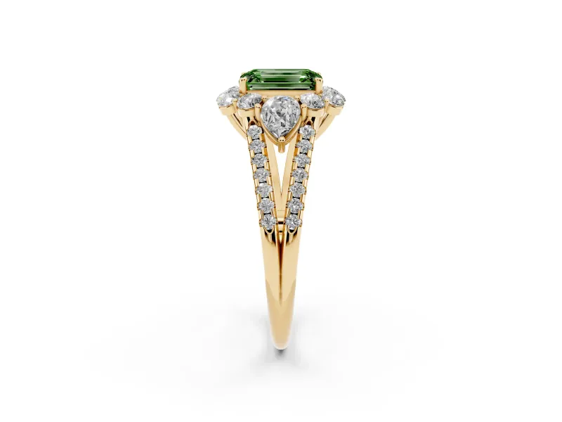 Fancy Green Emerald Cut Diamond Halo Split Shank Engagement Ring Set in Yellow gold with Prong-Held Center Stone