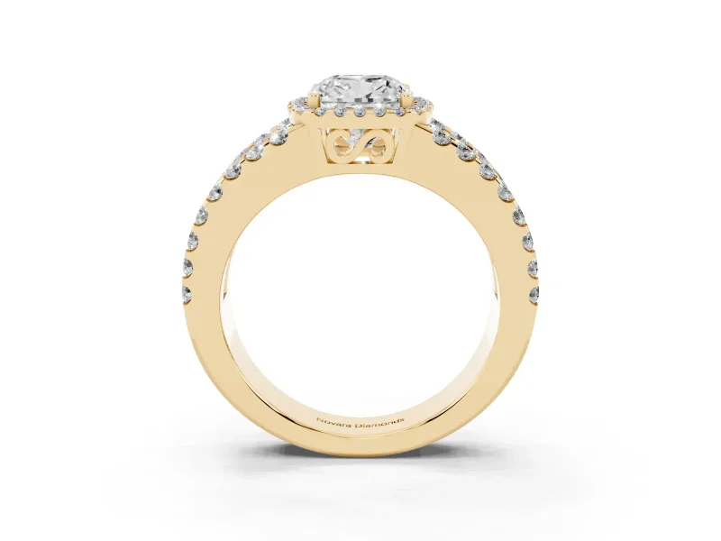 Cushion Cut Halo Split Shank Engagement Ring Setting | Pavé Strands | Yellow Gold