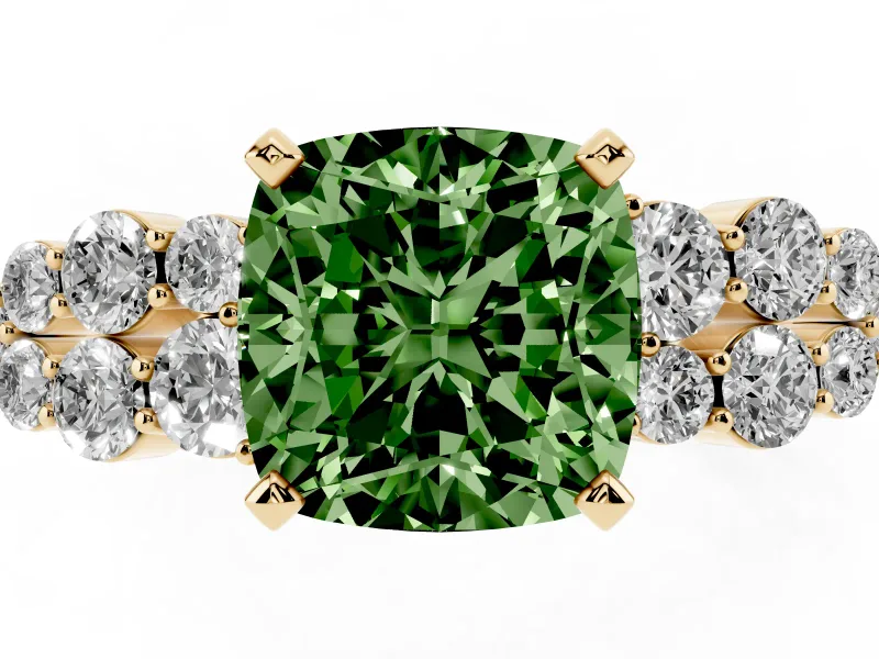 Cushion Cut Side Stone Engagement Ring Setting for a Fancy Green Lab-Grown Diamond | Shoulder Clusters | Yellow Gold