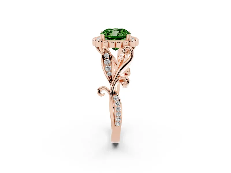 Cushion Cut Leaf Halo Engagement Ring Setting for a Fancy Green Lab-Grown Diamond | Rose Gold