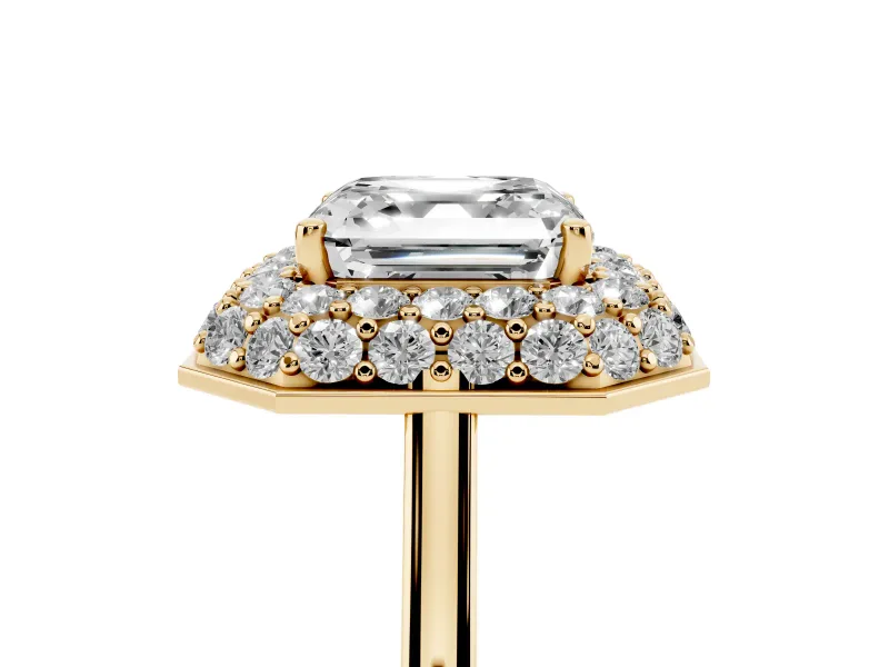 Asscher Cut Diamond Halo Engagement Ring Set in Yellow gold with Solitaire Band and Prong Setting