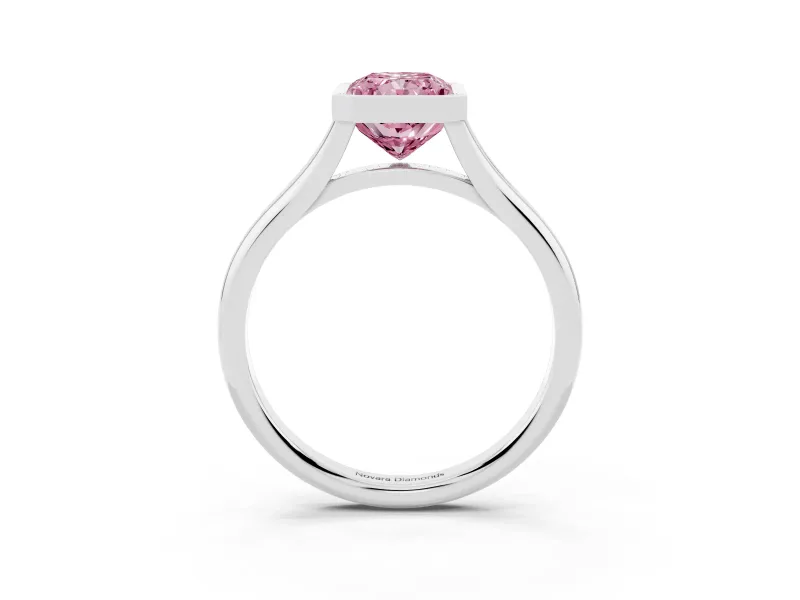 Fancy Pink Bezel Set Radiant Cut Diamond Solitaire Ring Set in Silver with Tapered Band
