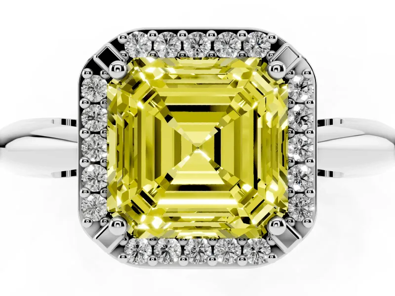 Fancy Yellow Asscher Cut Diamond Halo Engagement Ring Set in Silver with Plain Split Shank and Prong Setting