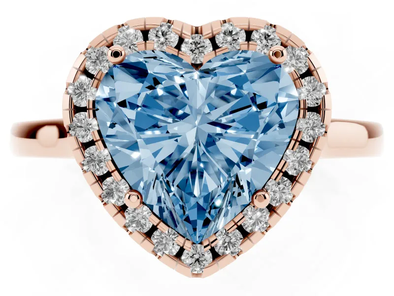 Fancy Blue Heart Cut Halo Round Diamond Solitaire Ring Set in Rose gold with Pavé Band and Prong Setting