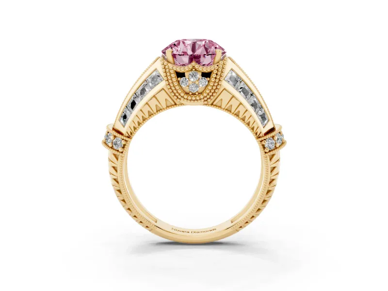 Fancy Pink Round Cut Diamond Vintage-Inspired Milgrain Ring Set in Yellow gold with Accent Split Shank