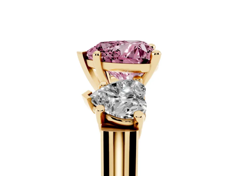 Heart-Shaped Three Stone Engagement Ring Setting for a Fancy Pink Lab-Grown Diamond | Plain Squared Band | Yellow Gold