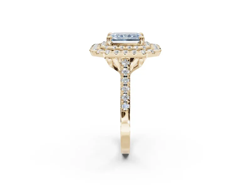 Fancy Blue Radiant Cut Lab-Grown Diamond Double Halo Statement Ring Set in Yellow Gold with Pavé Band