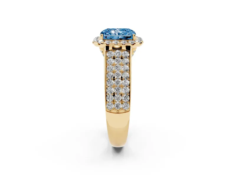 Radiant Cut Pavé Engagement Ring Setting for a Fancy Blue Lab-Grown Diamond | Wide Three-Row Band | Yellow Gold