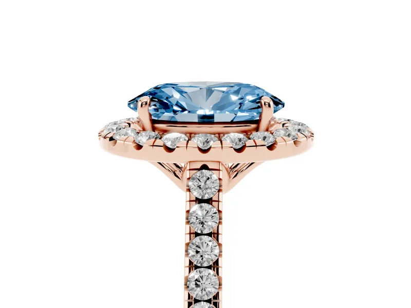 Oval Raised Halo Engagement Ring Setting for a Fancy Blue Lab-Grown Diamond | Pave Band | Rose Gold