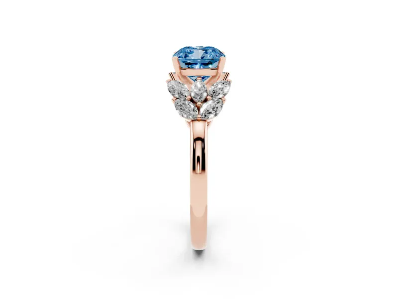Fancy Blue Cushion Cut Diamond Cluster Leaf Design Ring Set in Rose gold with Prong Setting