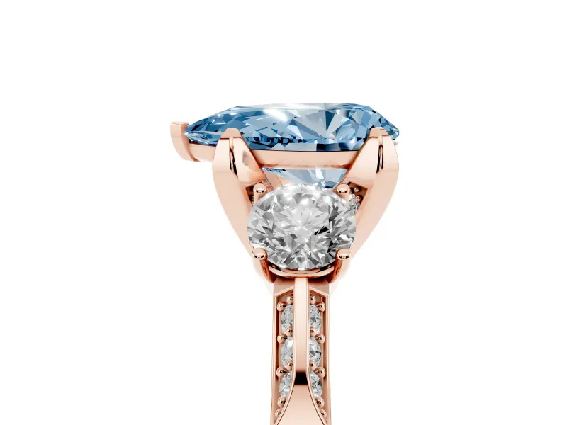Pear-Shaped Hidden Halo Three Stone Engagement Ring Setting for a Fancy Blue Lab-Grown Diamond | Rose Gold