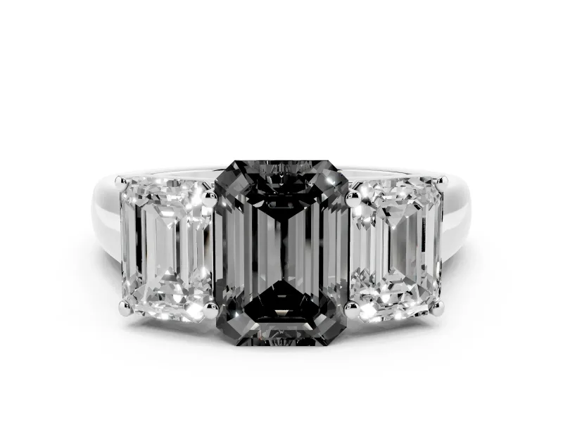 Fancy Black Emerald Cut Diamond Three-Stone Ring Set in White gold with Plain Polished Band