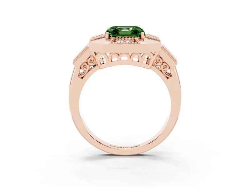 Fancy Green Asscher Cut Diamond Milgrain Halo Ring Set in Rose gold with Split Shank