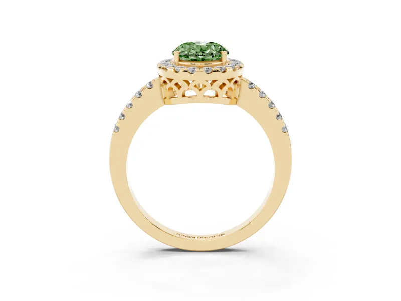 Fancy Green Oval Cut Diamond Pavé Band Halo Engagement Ring Set in Yellow gold with Prong Setting
