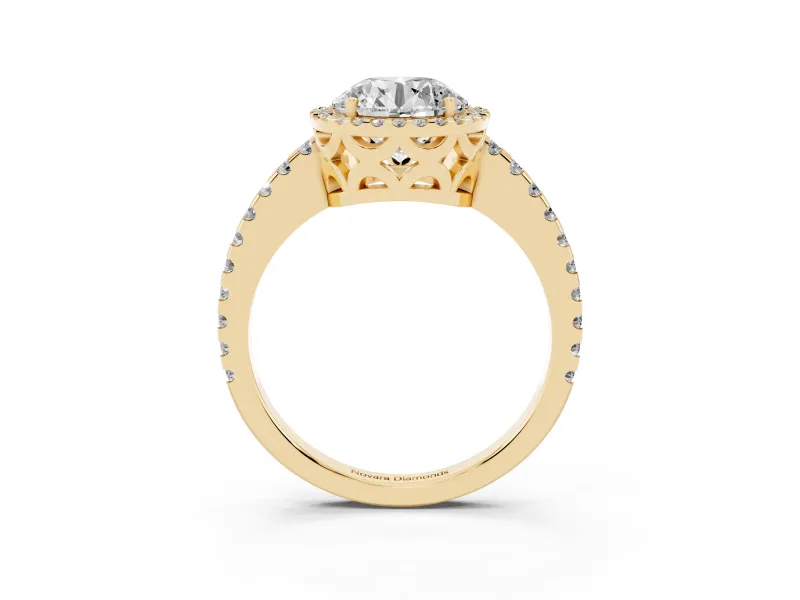 Round Halo Engagement Ring Setting | Half Pave Band | Yellow Gold