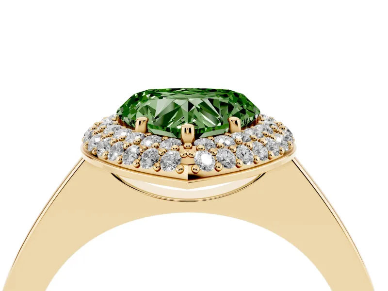 Fancy Green Heart Cut Diamond Halo Engagement Ring Set in Yellow gold with Solitaire Band and Prong Setting