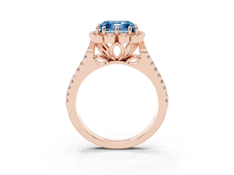 Asscher Cut Floral Halo Engagement Ring Setting for a Fancy Blue Lab-Grown Diamond | Pavé Split Shank | Rose Gold