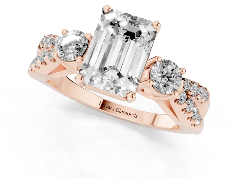 Emerald Cut Three Stone Engagement Ring Setting | Pavé Split Shank | Rose Gold