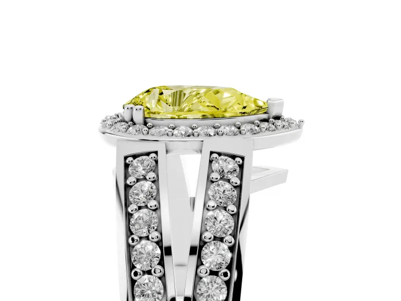 Pear-Shaped Halo Engagement Ring Setting for a Fancy Yellow Lab-Grown Diamond | Two-Row Pave Split Shank | White Gold