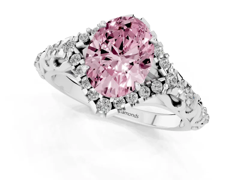 Oval Hidden Halo Filigree Engagement Ring Setting for a Fancy Pink Lab-Grown Diamond | Platinum