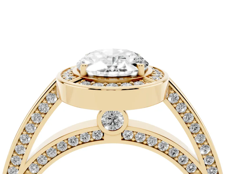 Oval Cut Diamond Halo Pavé Split Shank Ring Set in Yellow gold with Prong Setting