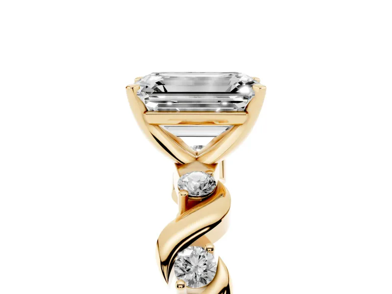 Emerald Cut Ribbon Twist Solitaire Engagement Ring Setting | Accented Shoulders | Yellow Gold