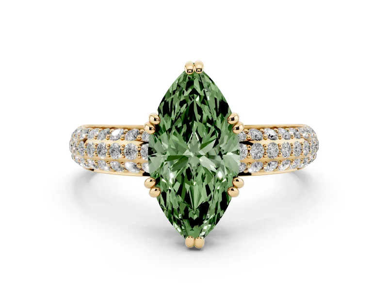 Fancy Green Marquise Cut Diamond Solitaire Ring Set in Yellow gold with Multi-Row Round Pavé Band and Prong Setting