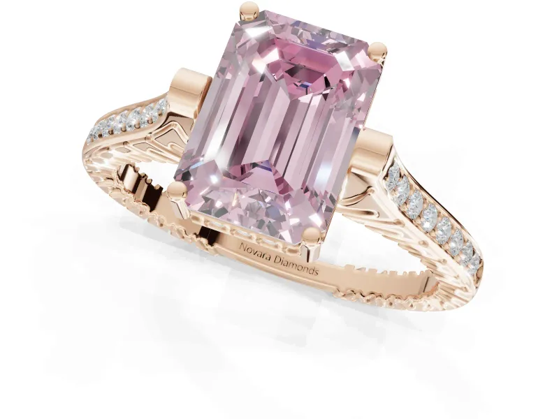 Emerald Cut Vintage Cathedral Engagement Ring Setting for a Fancy Pink Lab-Grown Diamond | Carved Band | Rose Gold