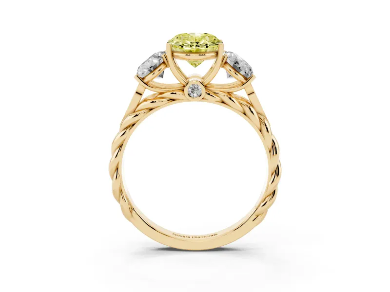 Oval Three Stone Engagement Ring Setting for a Fancy Yellow Lab-Grown Diamond | Braided Band | Yellow Gold