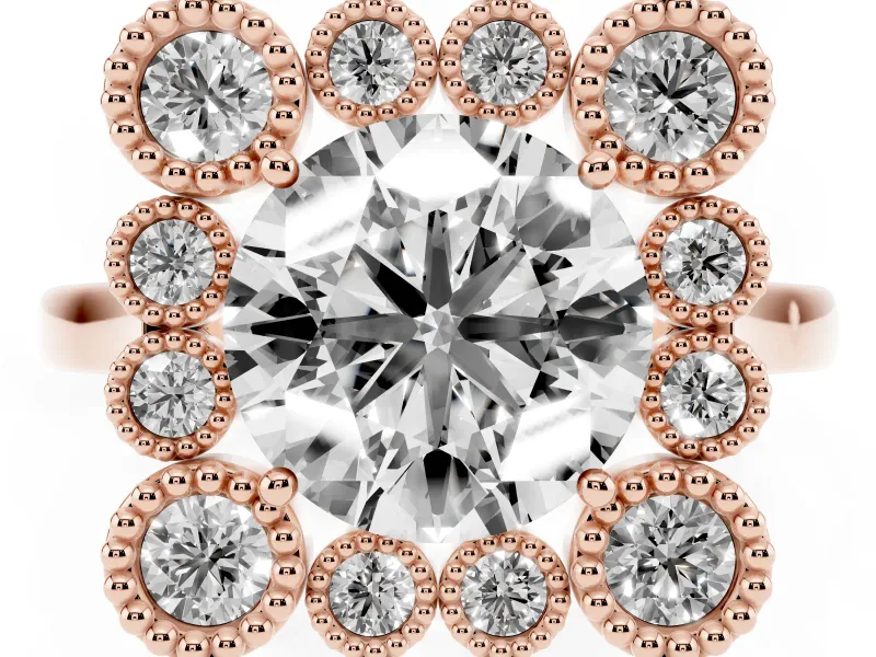 Round Vintage Milgrain Bezel Cluster Halo Engagement Ring Setting | Plain Band | Rose Gold