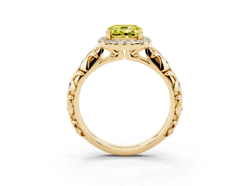 Cushion Cut Leaf Halo Engagement Ring Setting for a Fancy Yellow Lab-Grown Diamond | Bezel Accents | Yellow Gold