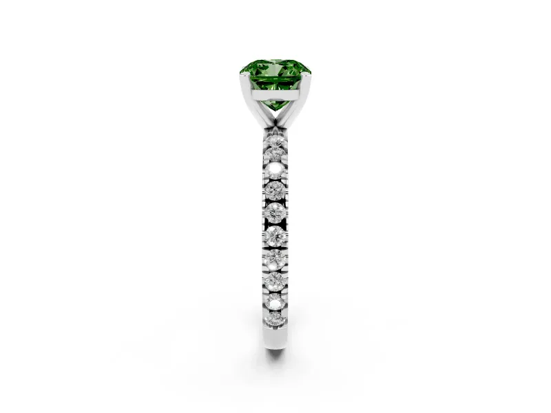 Fancy Green Cushion Cut Diamond Pavé Band Solitaire Set in Silver with Prong Setting