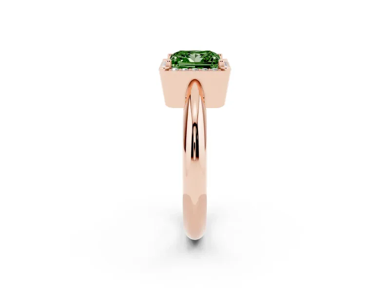 Fancy Green Princess Cut Diamond Halo Engagement Ring Set in Rose gold with Plain Split Shank and Prong Setting