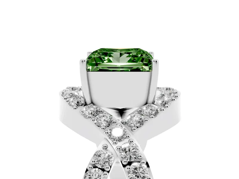 Fancy Green Princess Cut Diamond Solitaire Twist Band Pavé Engagement Ring Set in White gold