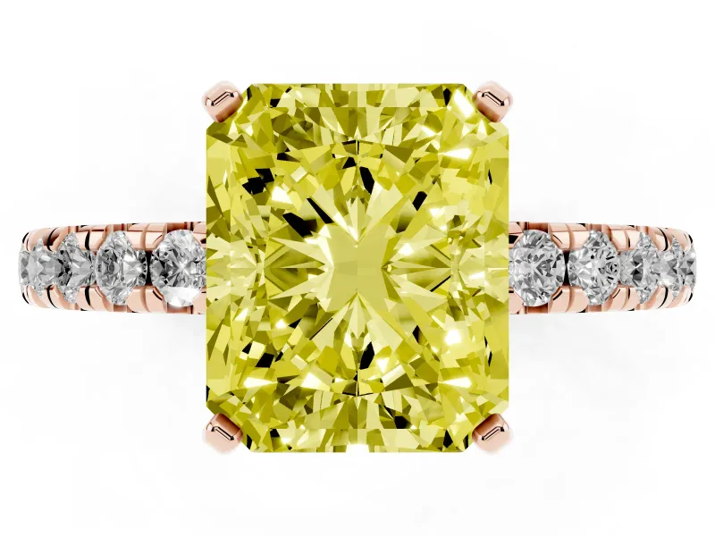 Fancy Yellow Radiant Cut Diamond Pavé Solitaire Ring Set in Rose gold with Round Band and Prong Setting