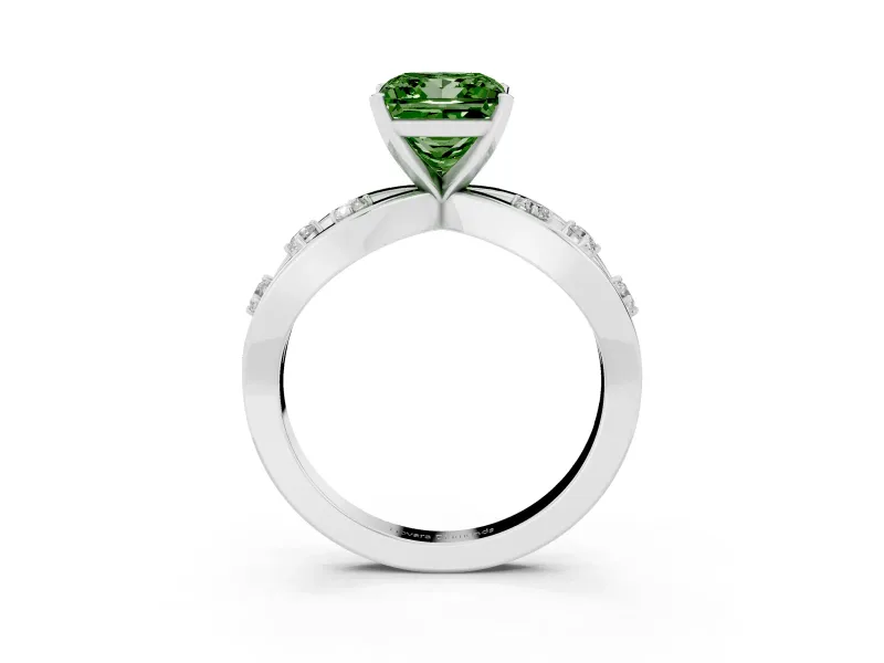 Fancy Green Princess Cut Diamond Solitaire Ring Set in Platinum with Side Stones on Criss-Cross Band and Prong Setting
