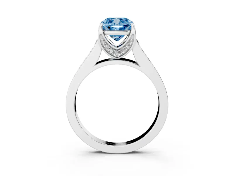 Fancy Blue Cushion Cut Diamond Solitaire Pavé Engagement Ring Set in White gold with Prong Setting
