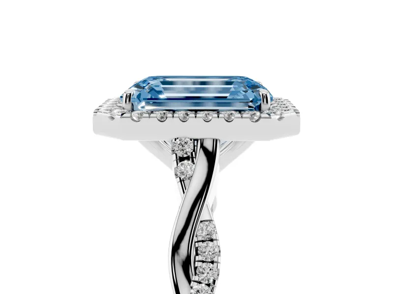 Emerald Cut Twist Halo Engagement Ring Setting for a Fancy Blue Lab-Grown Diamond | Platinum