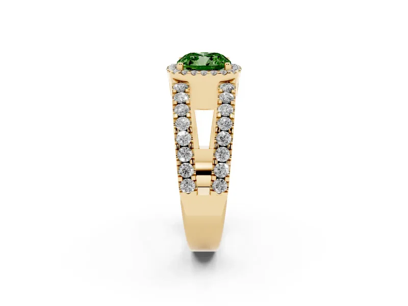 Cushion Cut Halo Split Shank Engagement Ring Setting for a Fancy Green Lab-Grown Diamond | Pavé Strands | Yellow Gold