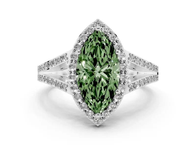 Fancy Green Marquise Cut Diamond Halo Split Shank Pavé Ring Set in Silver with Prong Setting