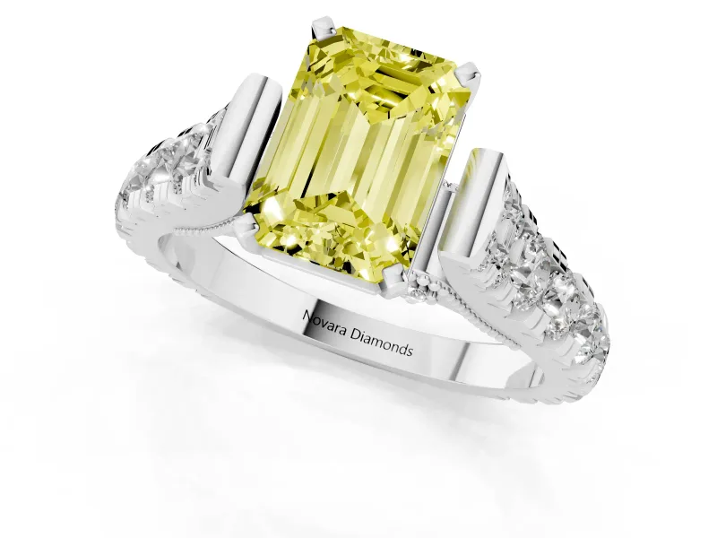 Fancy Yellow Emerald Cut Diamond Classic Solitaire Ring Set in Silver with Pavé Band and Prong Setting