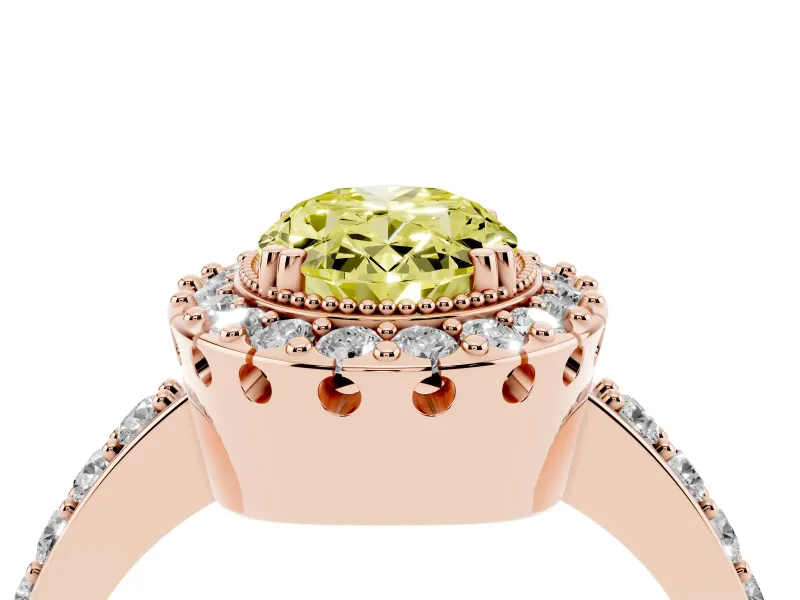 Fancy Yellow Oval Cut Diamond Halo Ring Set in Rose gold with Pavé Shank and Prong Setting