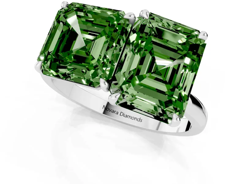 Fancy Green Asscher Cut and Emerald Cut Toi Moi Ring Set in Silver with Prong Setting