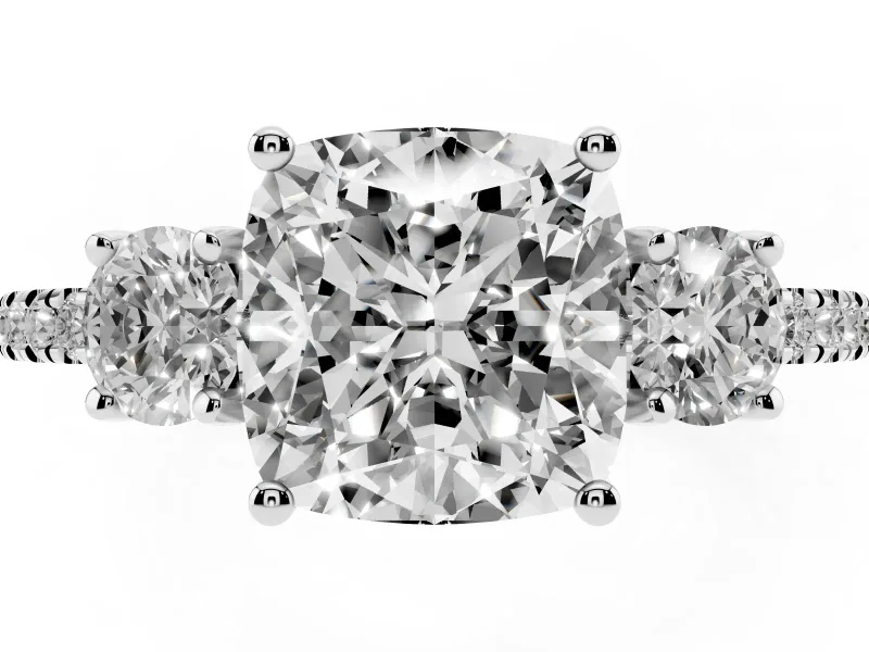 Cushion Cut Three Stone Engagement Ring Setting | Pave Shoulders | Platinum