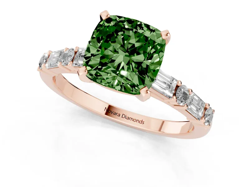 Cushion Cut Baguette Side Stone Engagement Ring Setting for a Fancy Green Lab-Grown Diamond | Rose Gold