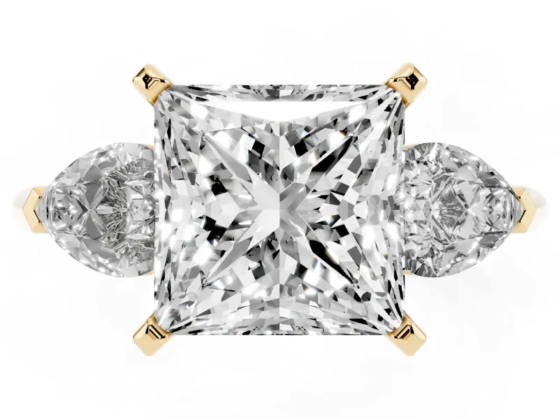 Three-Stone Princess Cut Diamond Ring Set in Yellow gold with Pear Side Stones and Prong Setting