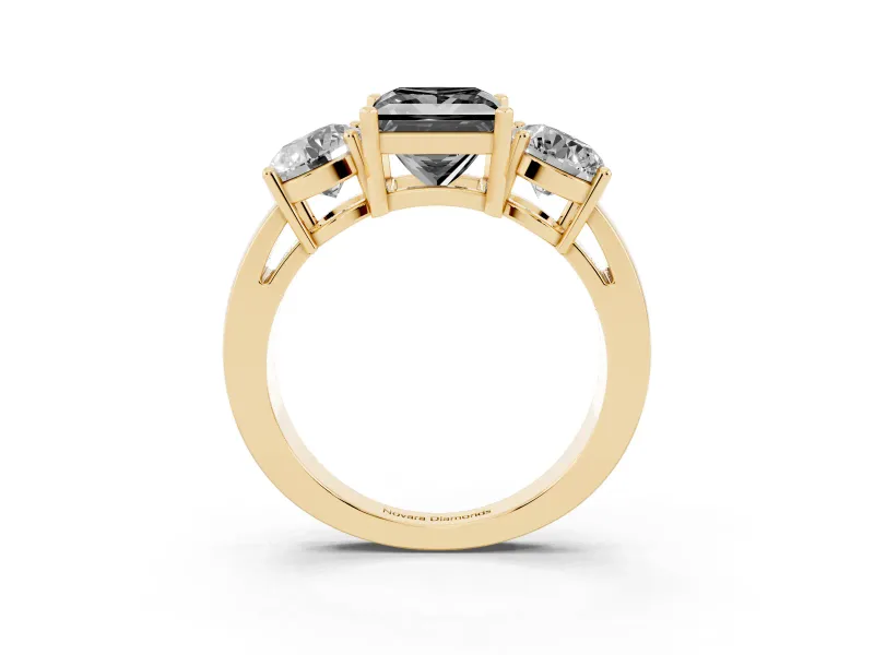 Princess Cut Three Stone Engagement Ring Setting for a Black Center | Wide Plain Band | Yellow Gold