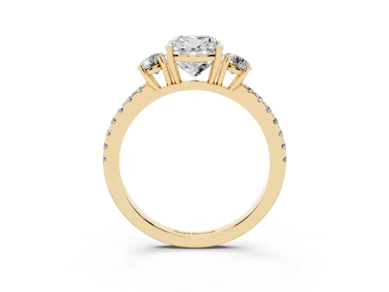 Cushion Cut Three Stone Engagement Ring Setting | Pave Shoulders | Yellow Gold