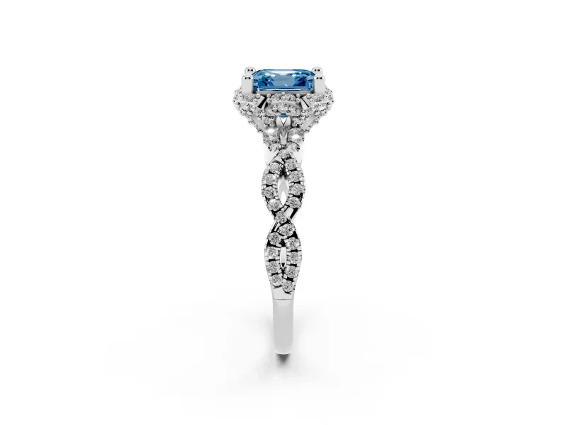 Fancy Blue Asscher Cut Diamond Halo Twist Band Solitaire Ring Set in White gold with Prong-Set Center Stone