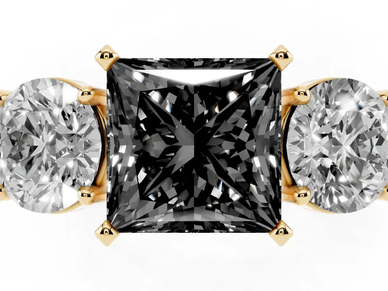 Princess Cut Three Stone Engagement Ring Setting for a Black Center | Wide Plain Band | Yellow Gold